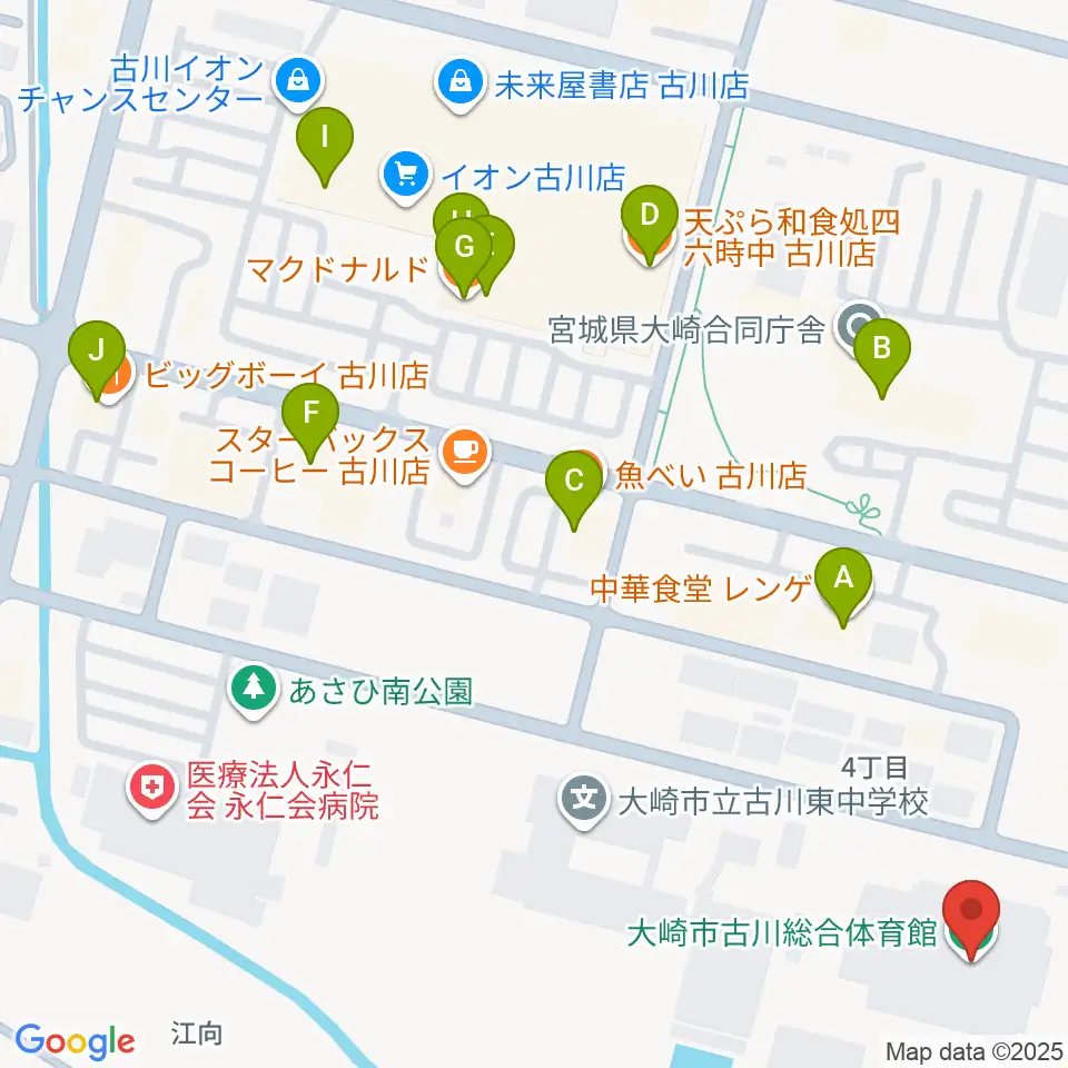 タカカツアリーナ大崎周辺のファミレス・ファーストフード一覧地図