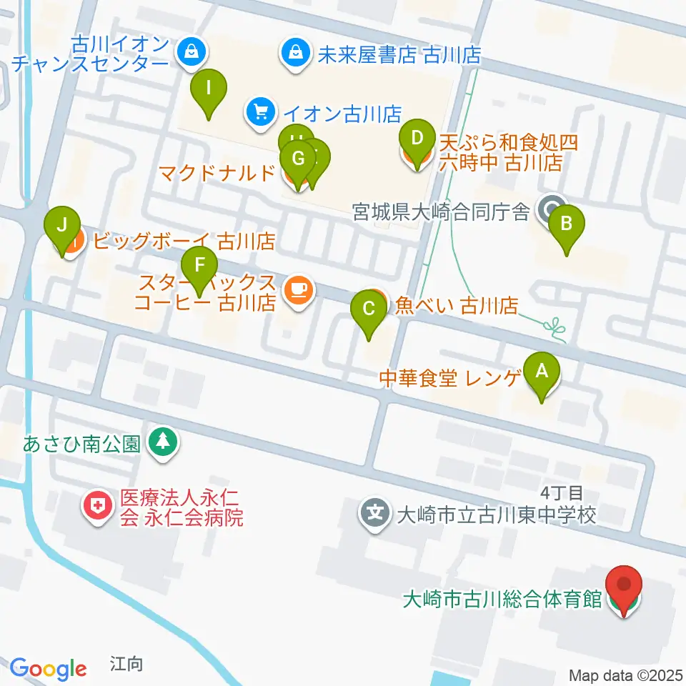 タカカツアリーナ大崎周辺のファミレス・ファーストフード一覧地図