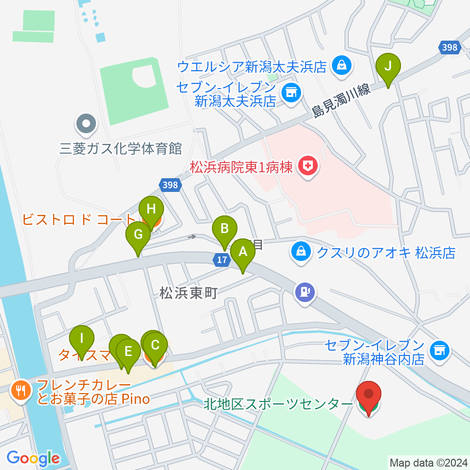 新潟市北地区スポーツセンター周辺のファミレス・ファーストフード一覧地図