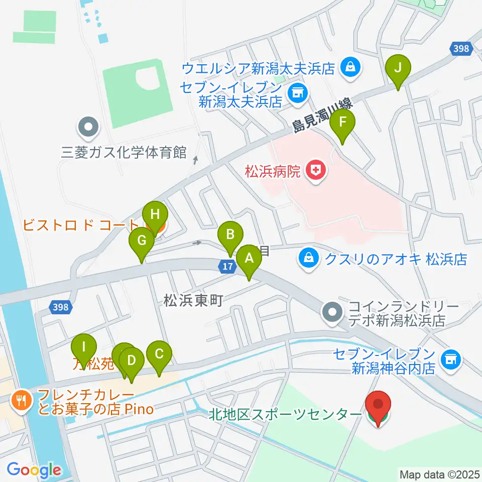 新潟市北地区スポーツセンター周辺のファミレス・ファーストフード一覧地図