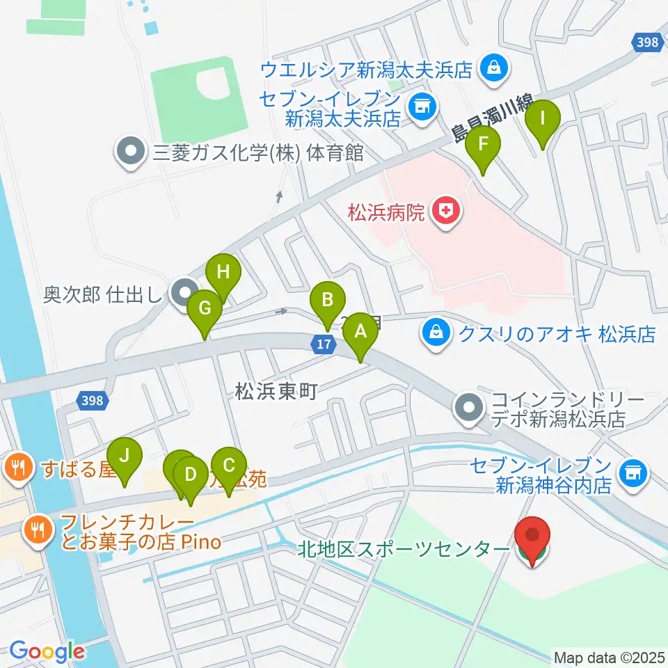 新潟市北地区スポーツセンター周辺のファミレス・ファーストフード一覧地図