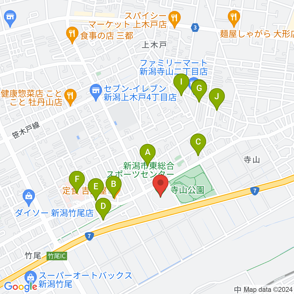 新潟市東総合スポーツセンター周辺のファミレス・ファーストフード一覧地図