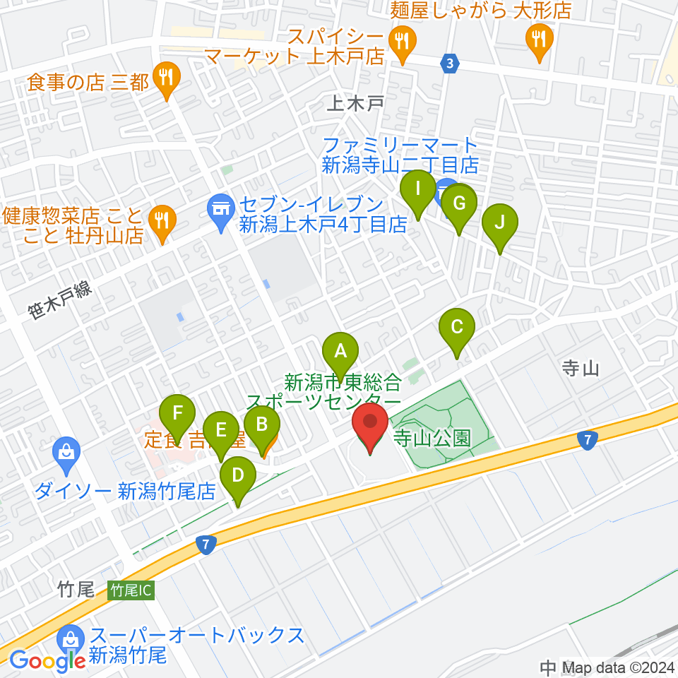 新潟市東総合スポーツセンター周辺のファミレス・ファーストフード一覧地図