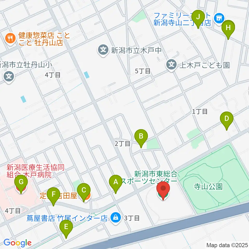新潟市東総合スポーツセンター周辺のファミレス・ファーストフード一覧地図