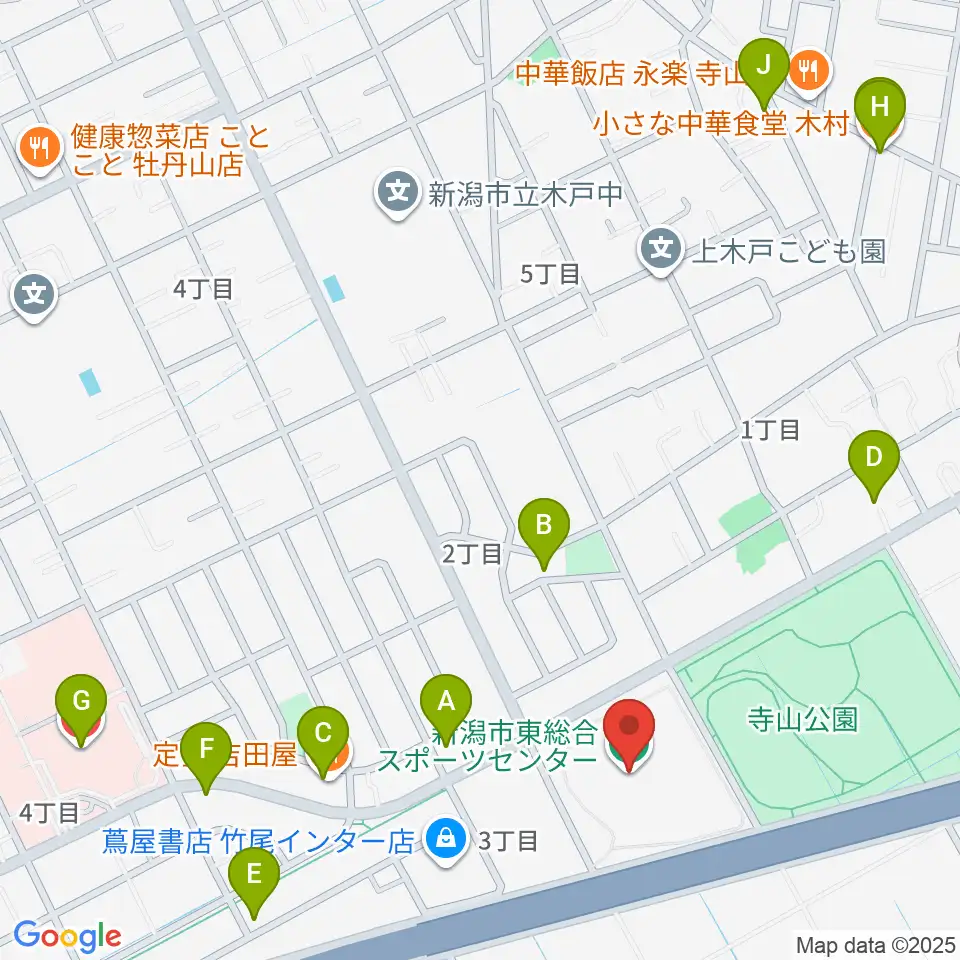 新潟市東総合スポーツセンター周辺のファミレス・ファーストフード一覧地図