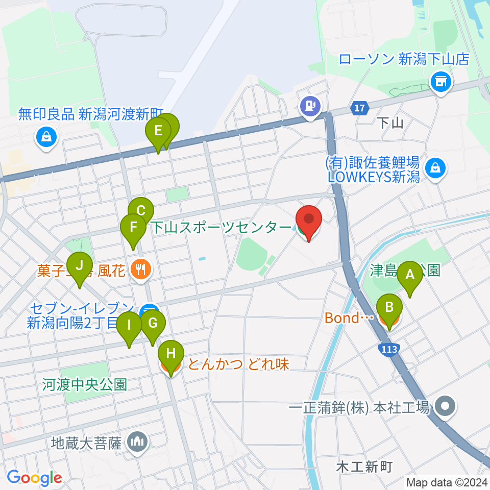 新潟市下山スポーツセンター周辺のファミレス・ファーストフード一覧地図