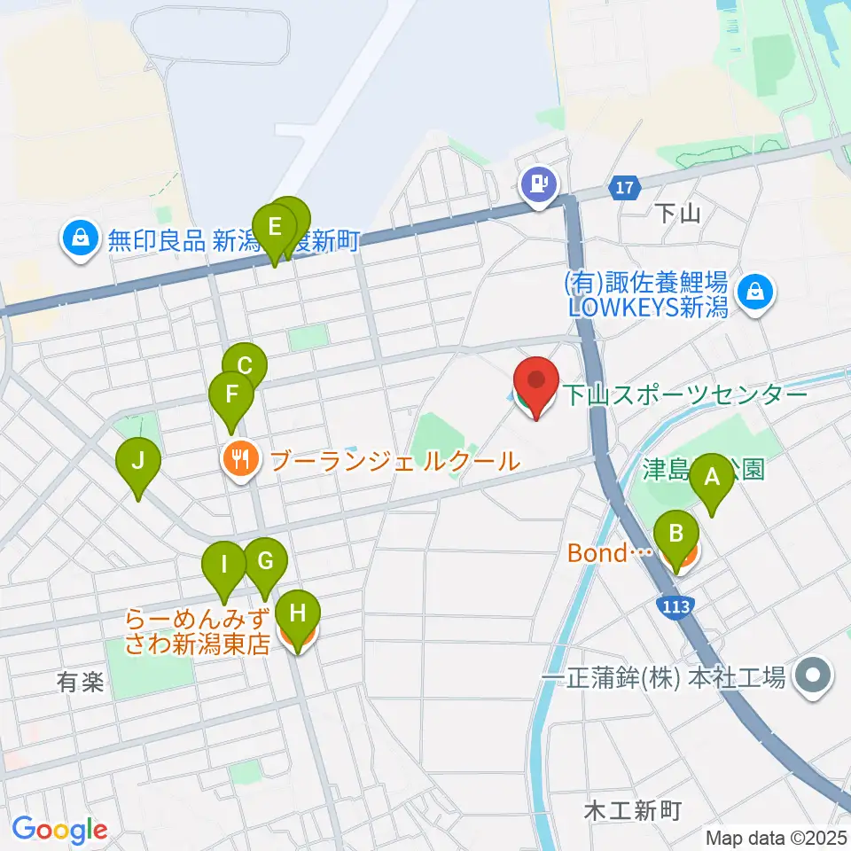新潟市下山スポーツセンター周辺のファミレス・ファーストフード一覧地図
