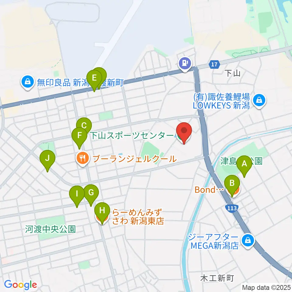 新潟市下山スポーツセンター周辺のファミレス・ファーストフード一覧地図