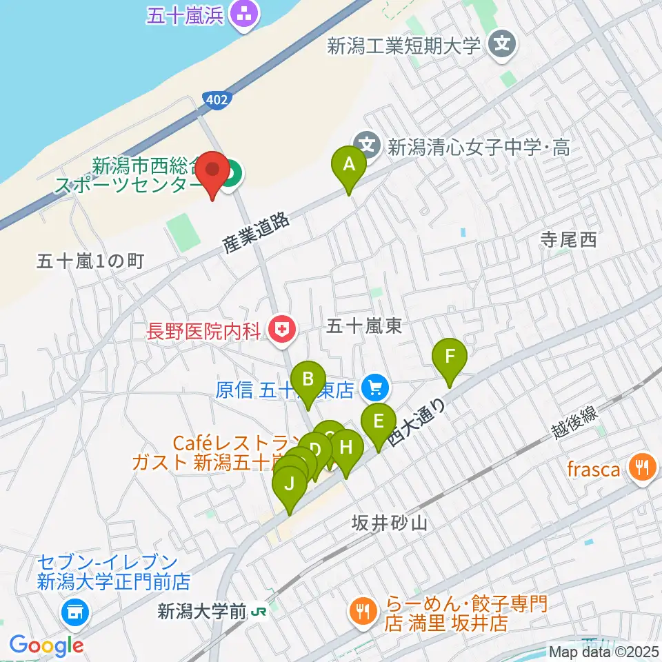 新潟市西総合スポーツセンター周辺のファミレス・ファーストフード一覧地図