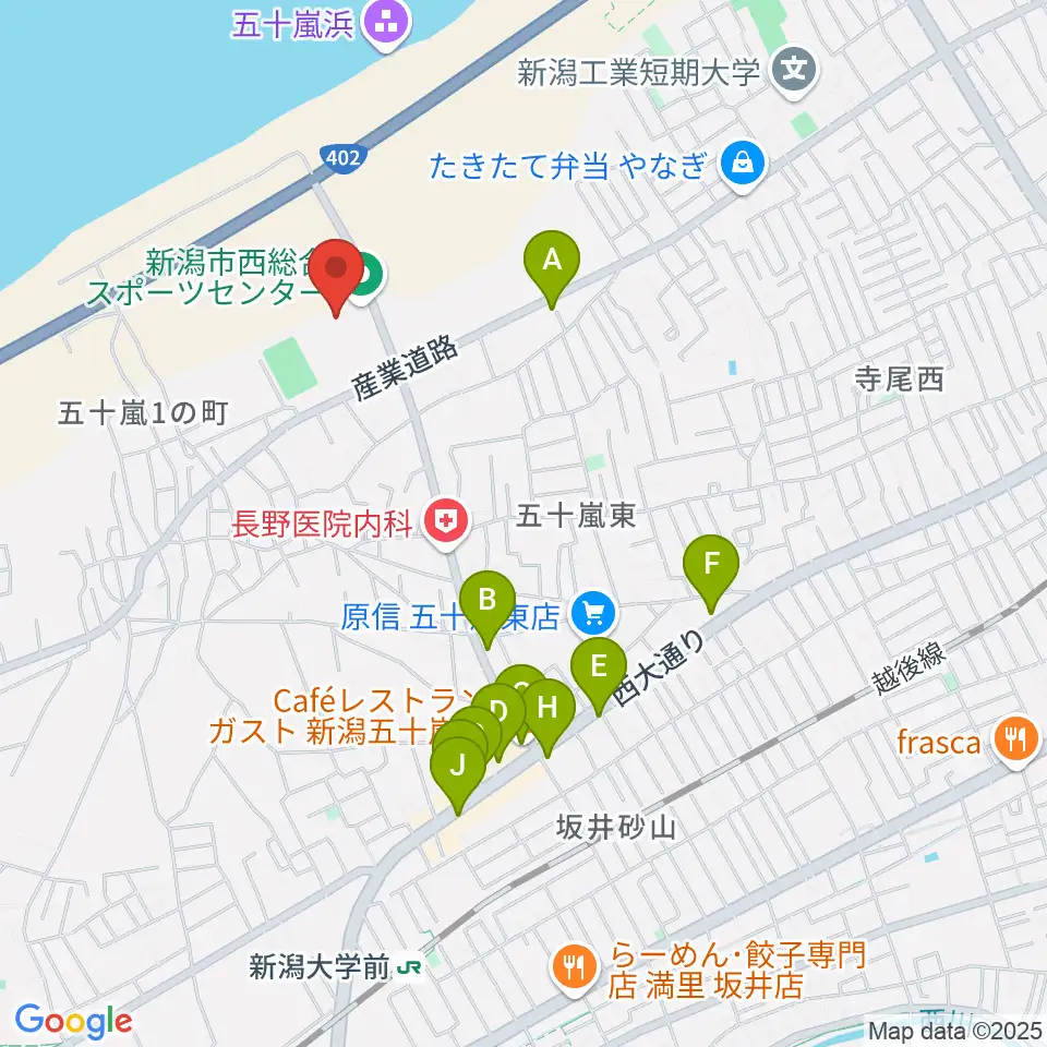 新潟市西総合スポーツセンター周辺のファミレス・ファーストフード一覧地図