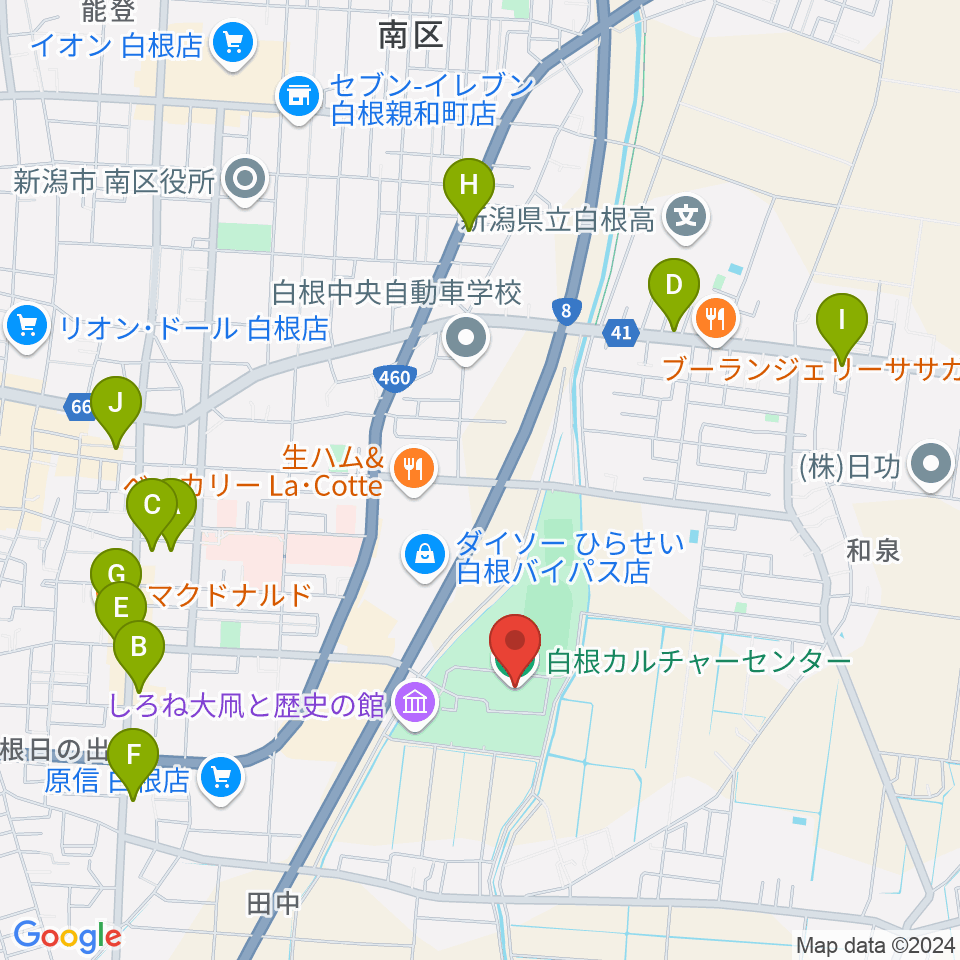 白根カルチャーセンター周辺のファミレス・ファーストフード一覧地図