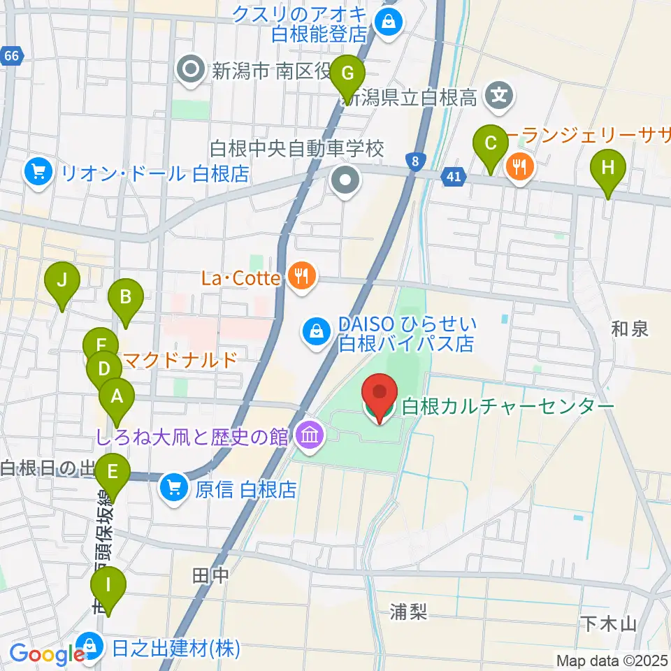 白根カルチャーセンター周辺のファミレス・ファーストフード一覧地図