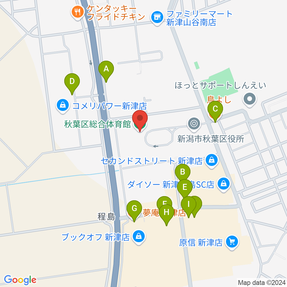 新潟市秋葉区総合体育館周辺のファミレス・ファーストフード一覧地図