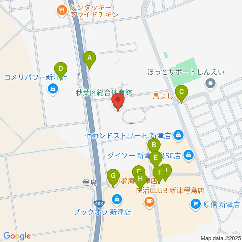 新潟市秋葉区総合体育館周辺のファミレス・ファーストフード一覧地図