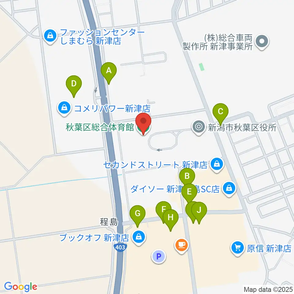 新潟市秋葉区総合体育館周辺のファミレス・ファーストフード一覧地図