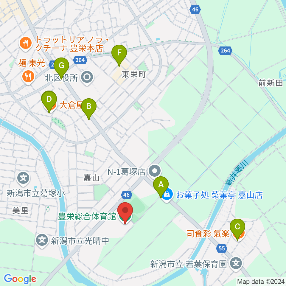 新潟市豊栄総合体育館周辺のファミレス・ファーストフード一覧地図