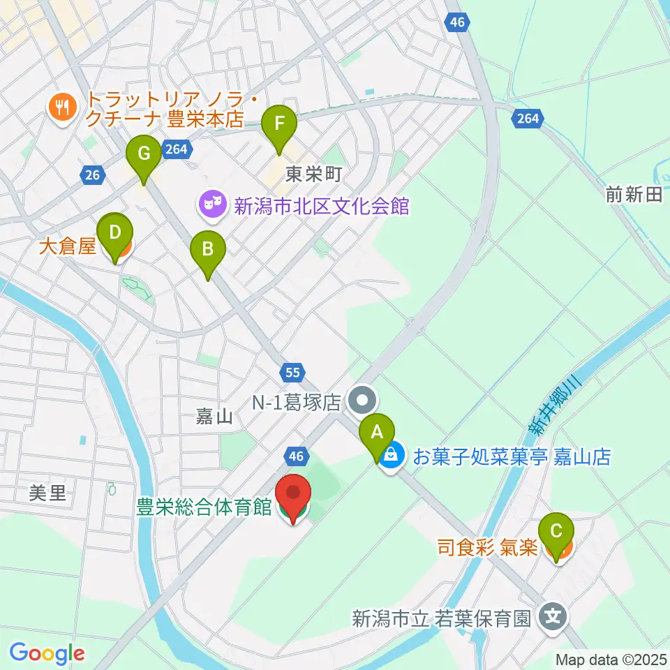 新潟市豊栄総合体育館周辺のファミレス・ファーストフード一覧地図