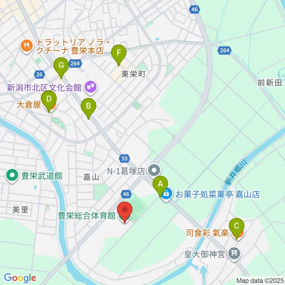 新潟市豊栄総合体育館周辺のファミレス・ファーストフード一覧地図