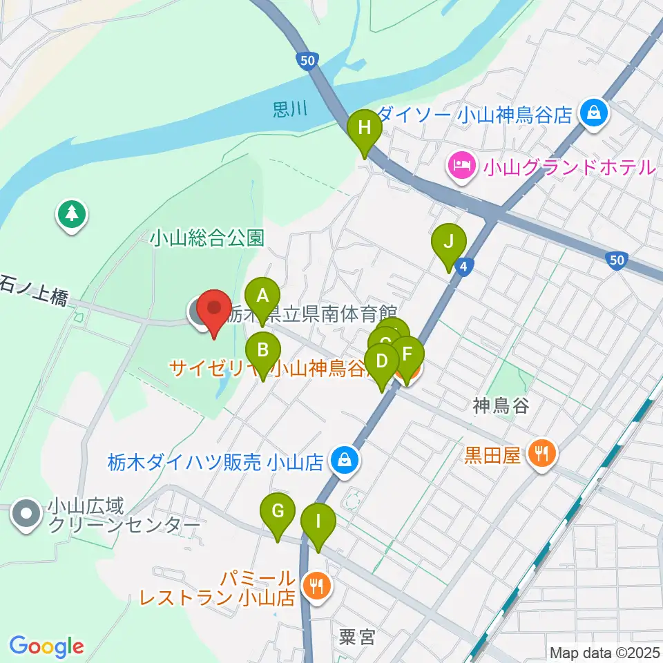 栃木県立県南体育館周辺のファミレス・ファーストフード一覧地図