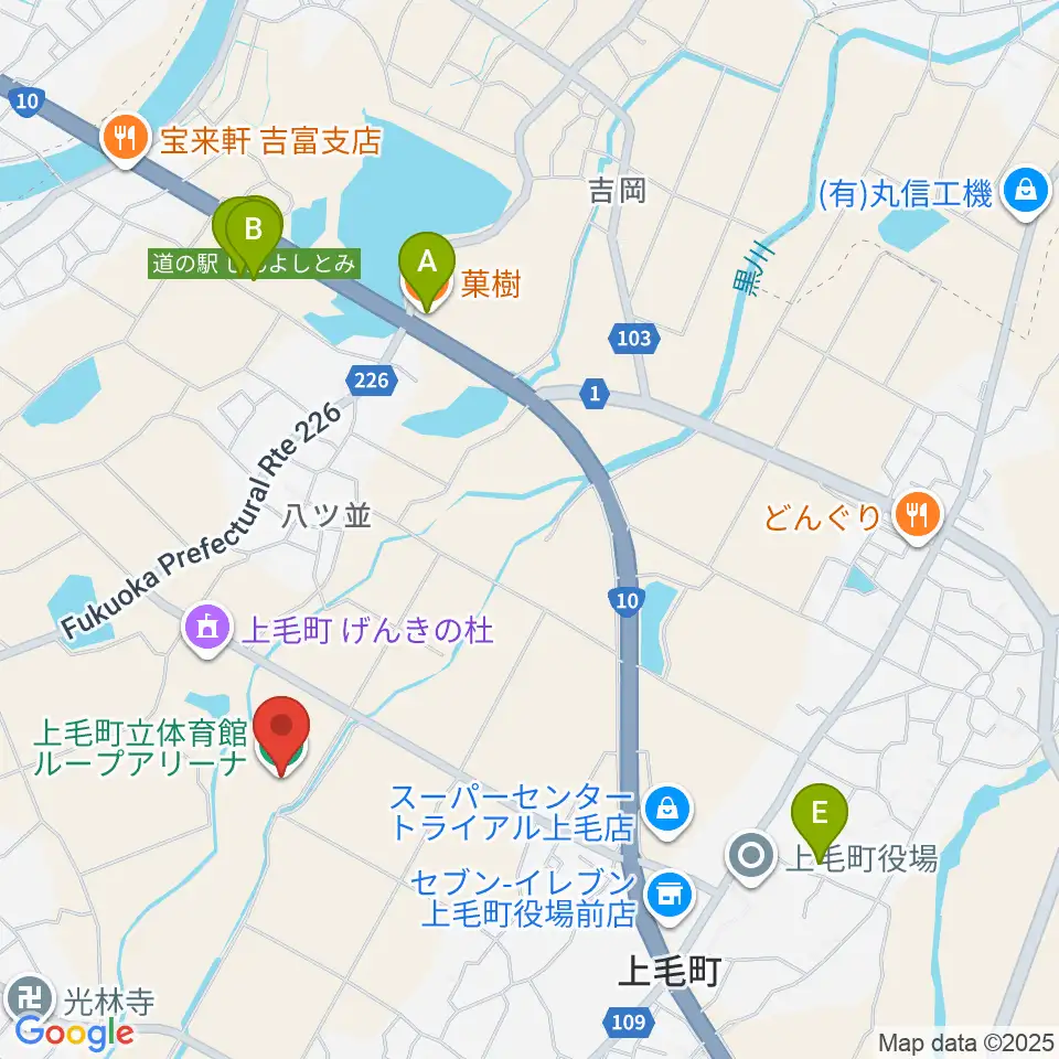 上毛町立体育館ループアリーナ周辺のファミレス・ファーストフード一覧地図