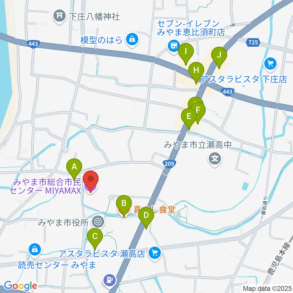 みやま市総合市民センターMIYAMAX周辺のファミレス・ファーストフード一覧地図