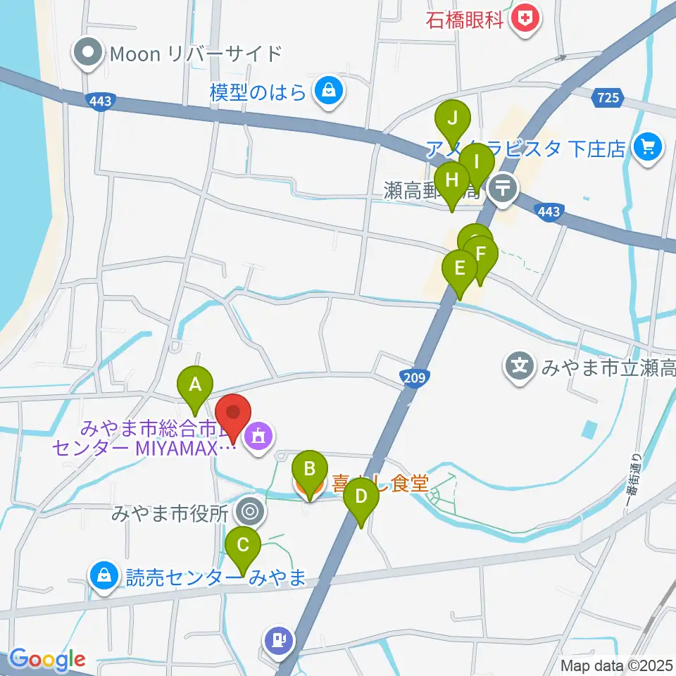 みやま市総合市民センターMIYAMAX周辺のファミレス・ファーストフード一覧地図