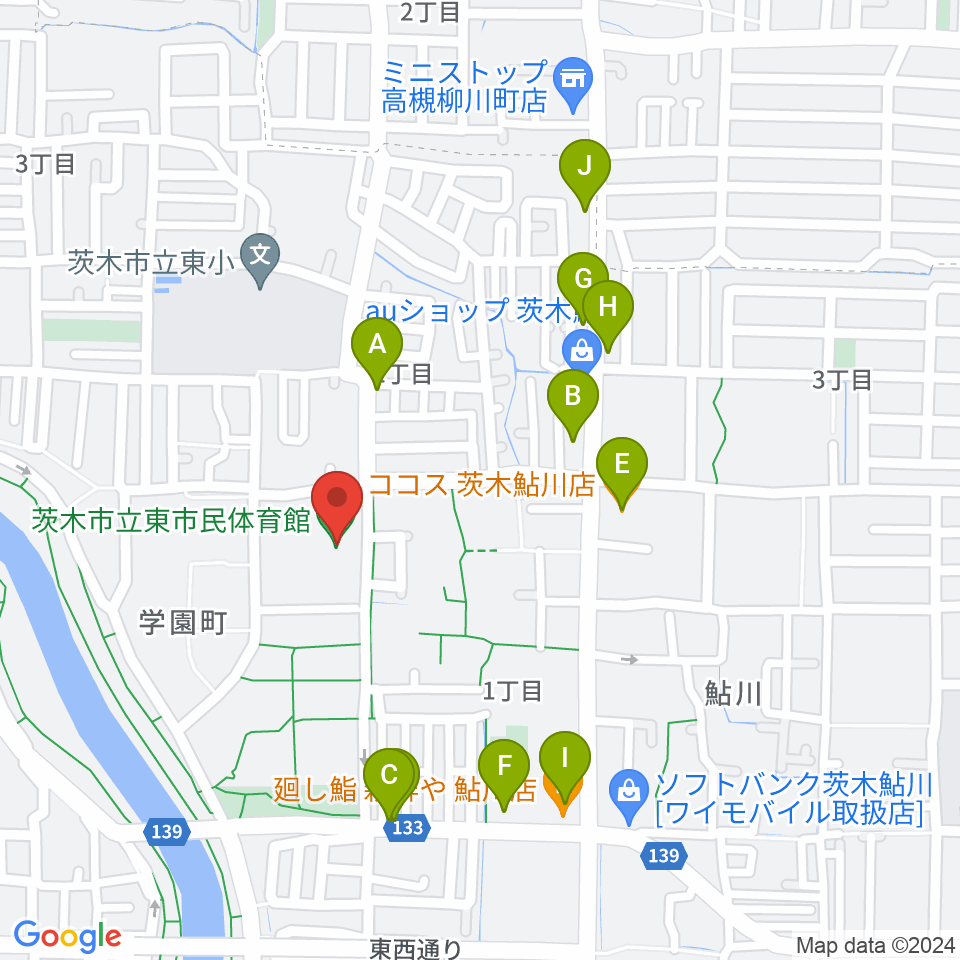 茨木市東市民体育館周辺のファミレス・ファーストフード一覧地図