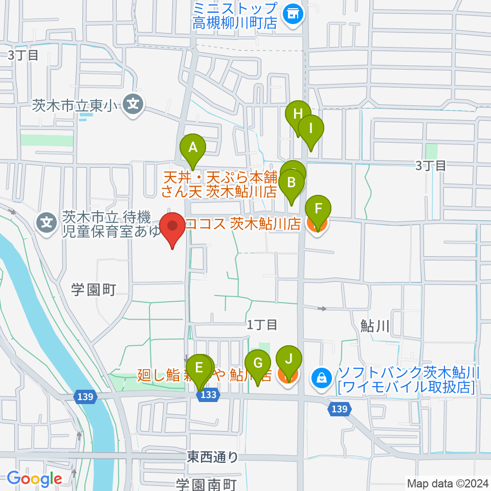 茨木市東市民体育館周辺のファミレス・ファーストフード一覧地図