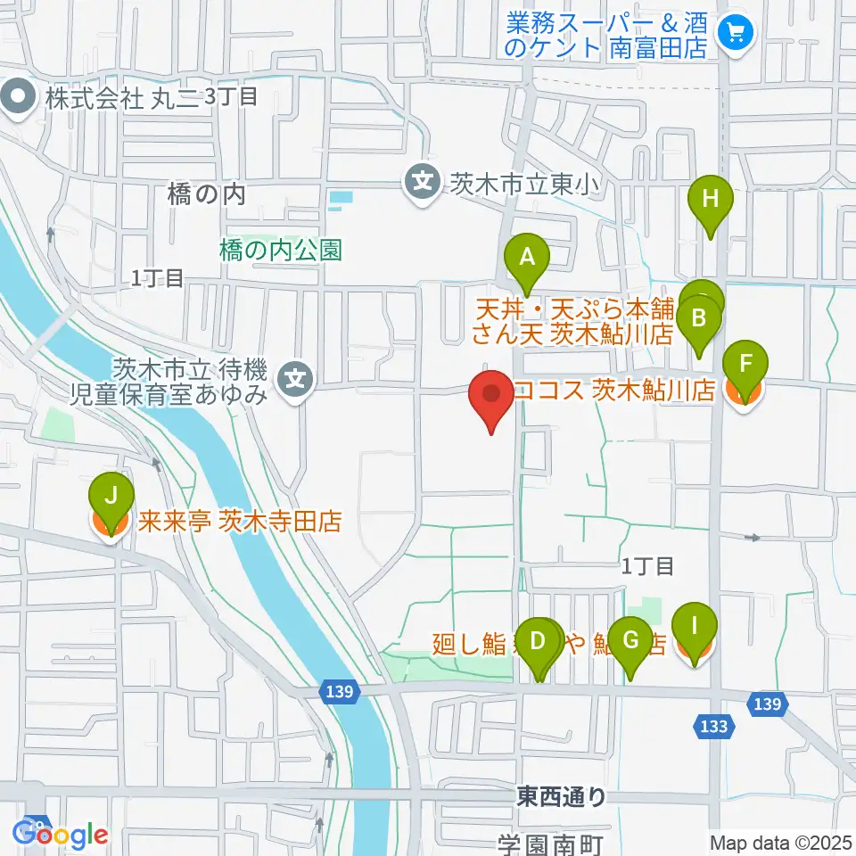 茨木市東市民体育館周辺のファミレス・ファーストフード一覧地図