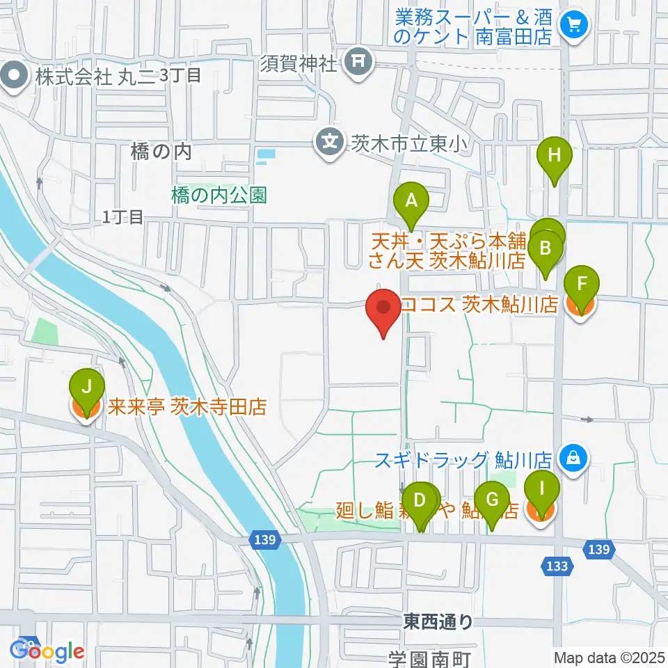 茨木市東市民体育館周辺のファミレス・ファーストフード一覧地図