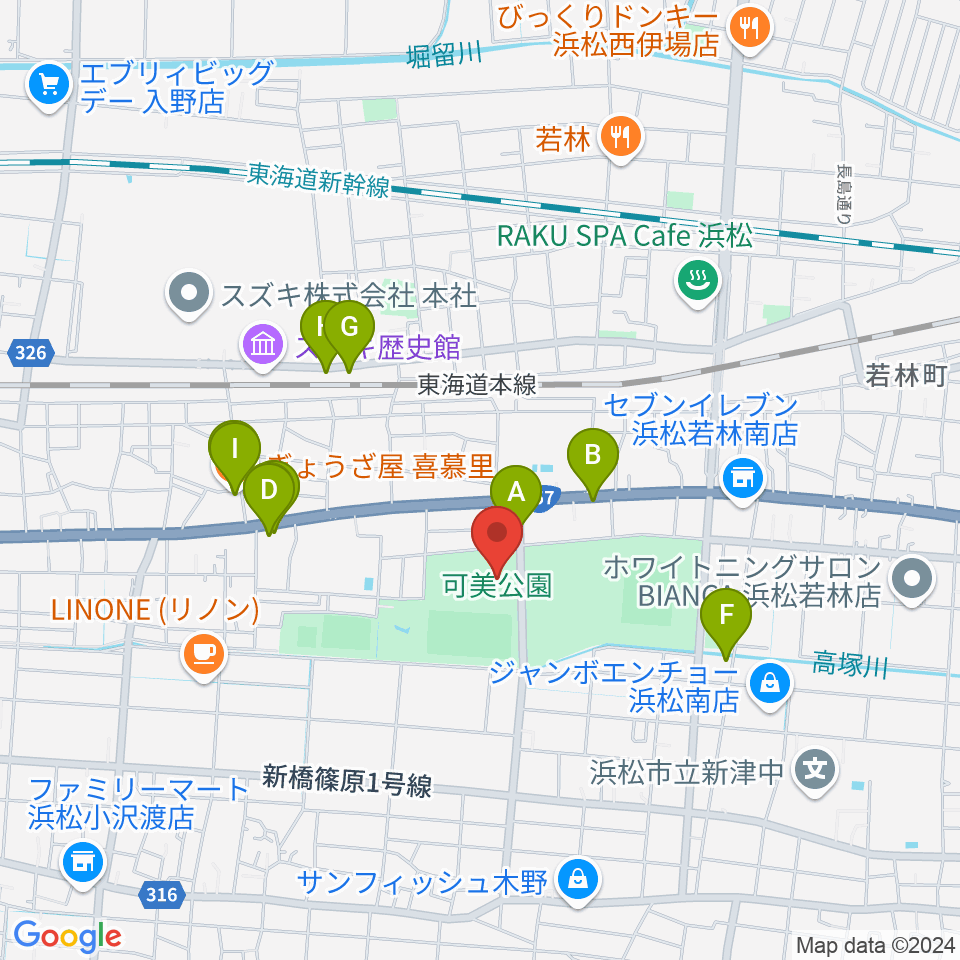 可美公園総合センター周辺のファミレス・ファーストフード一覧地図