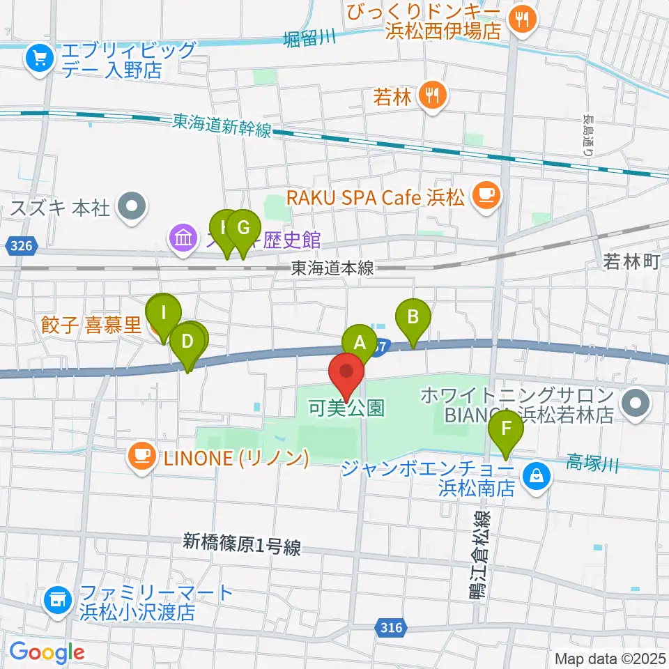 可美公園総合センター周辺のファミレス・ファーストフード一覧地図