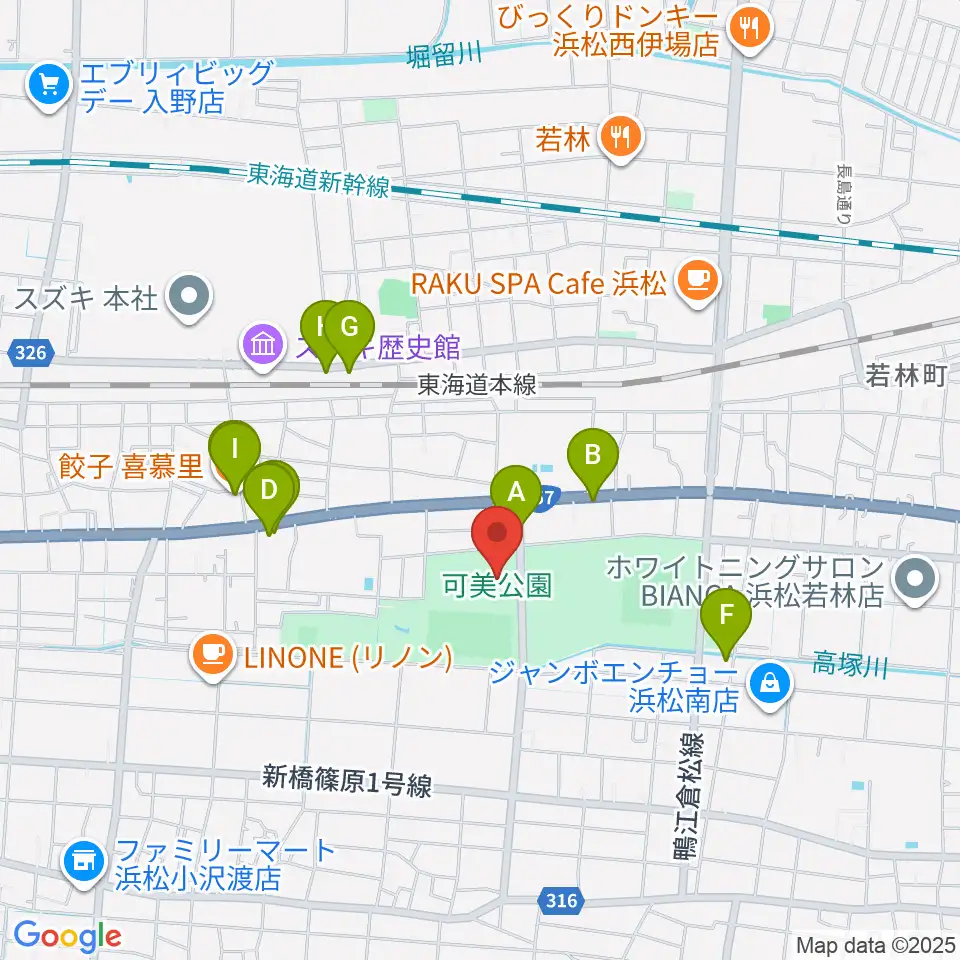 可美公園総合センター周辺のファミレス・ファーストフード一覧地図