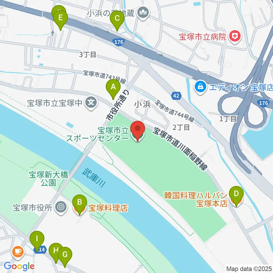 宝塚市立スポーツセンター周辺のファミレス・ファーストフード一覧地図