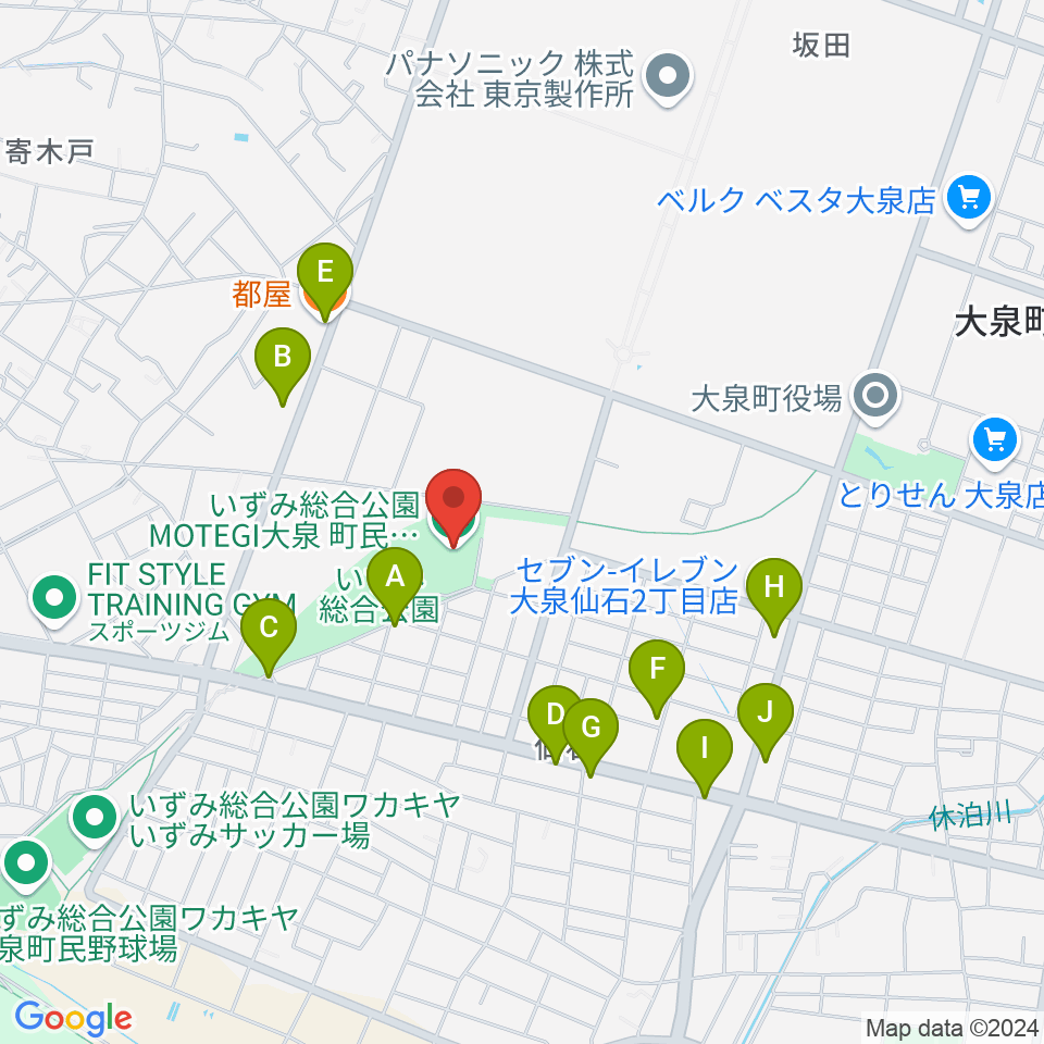 いずみ総合公園MOTEGI大泉町民体育館周辺のファミレス・ファーストフード一覧地図