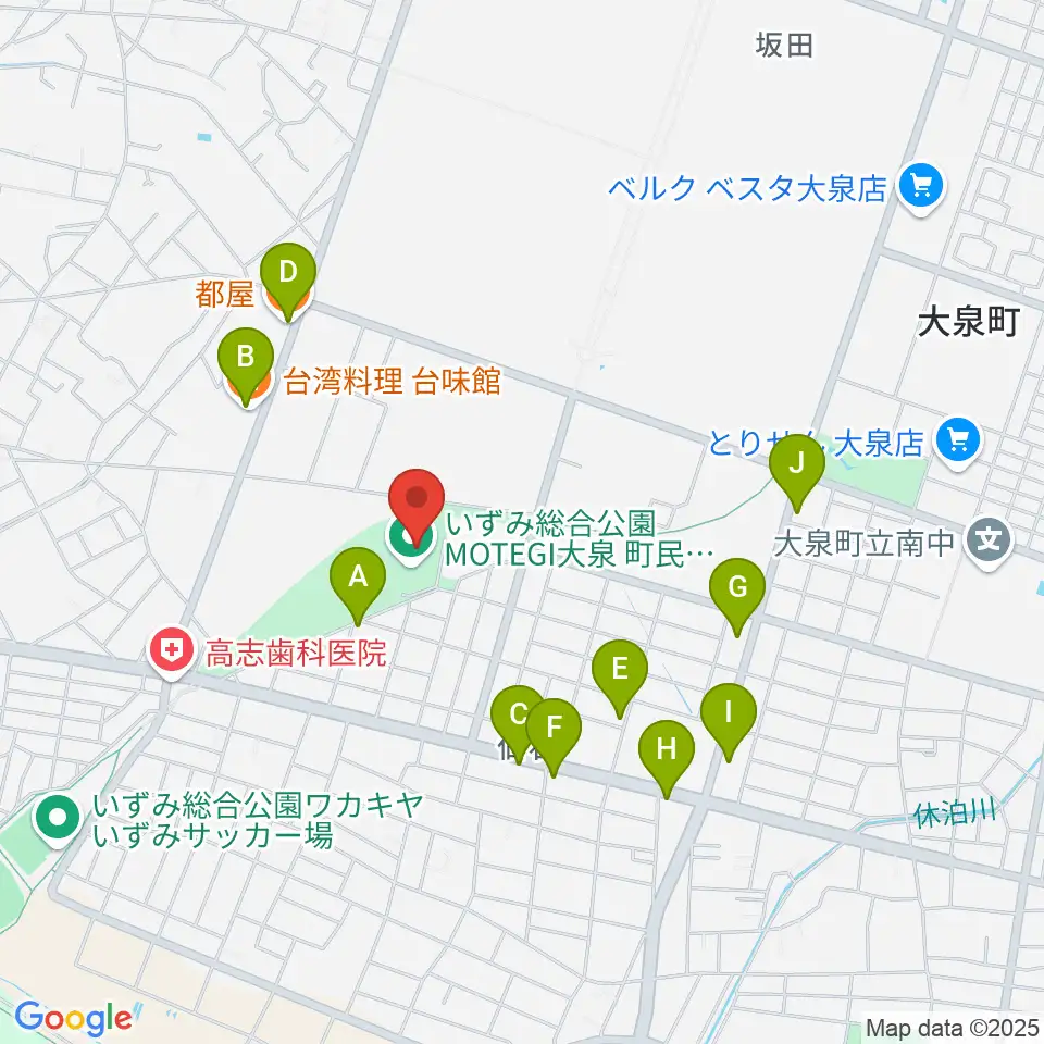 いずみ総合公園MOTEGI大泉町民体育館周辺のファミレス・ファーストフード一覧地図
