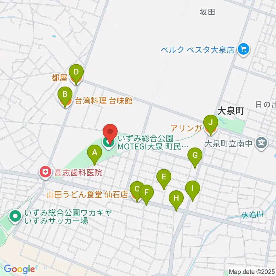 いずみ総合公園MOTEGI大泉町民体育館周辺のファミレス・ファーストフード一覧地図