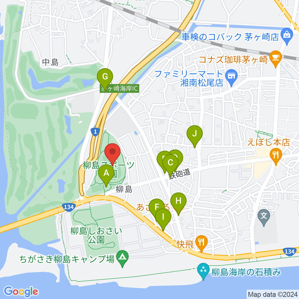 柳島スポーツ公園総合競技場周辺のファミレス・ファーストフード一覧地図