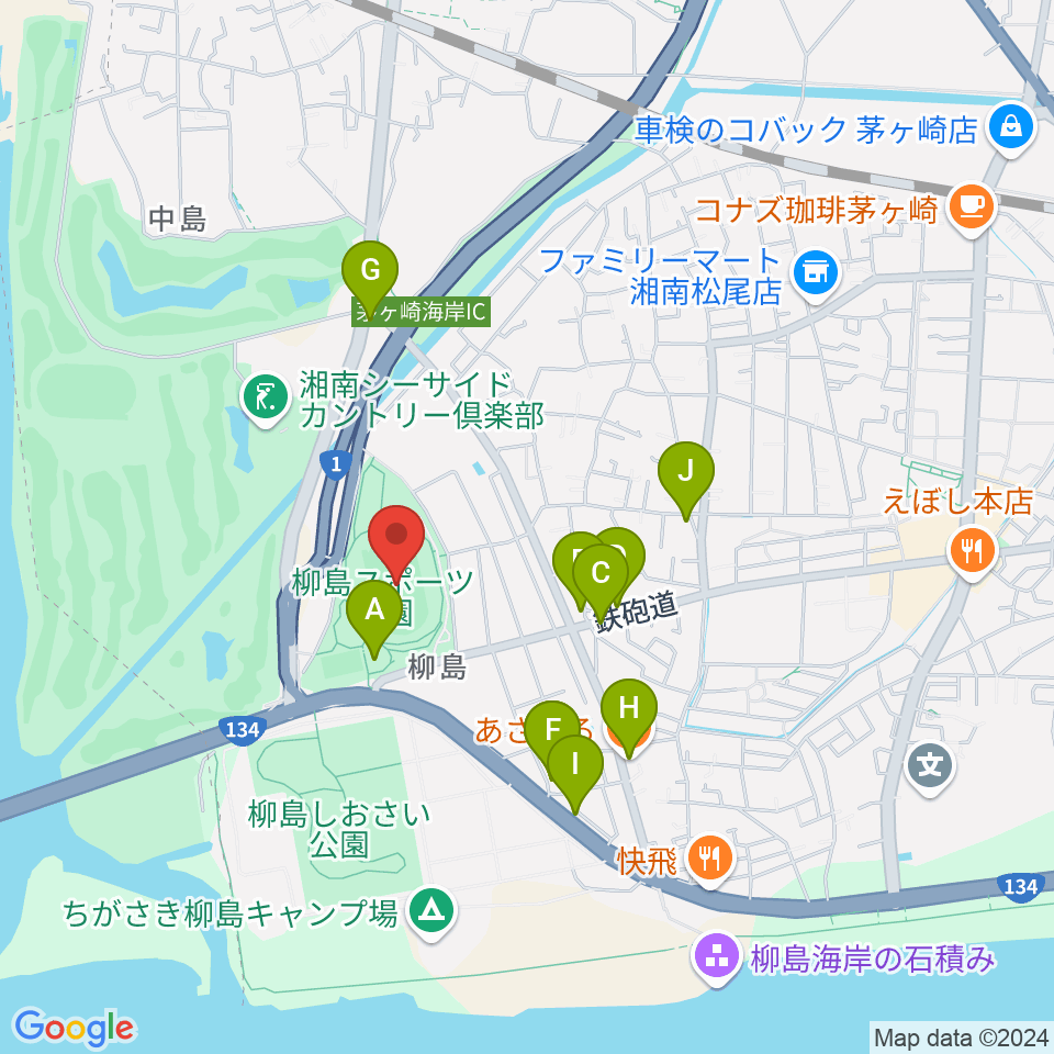 柳島スポーツ公園総合競技場周辺のファミレス・ファーストフード一覧地図