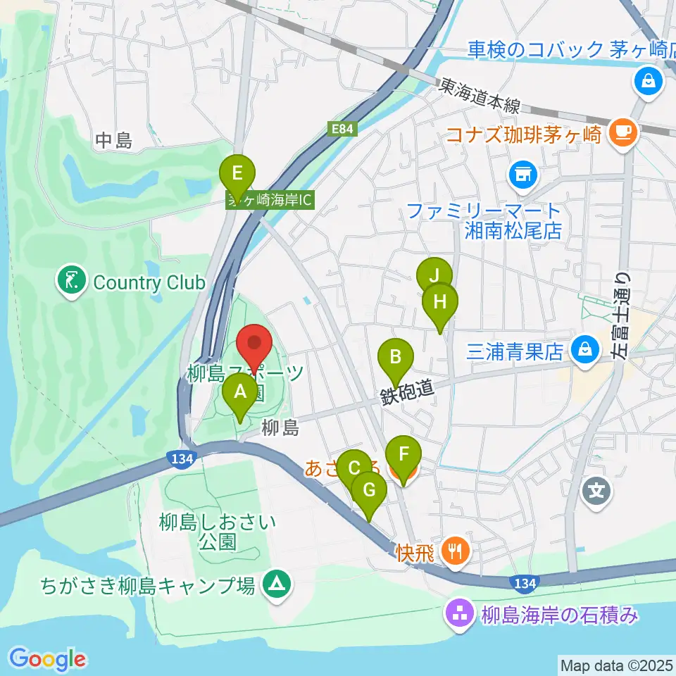 柳島スポーツ公園総合競技場周辺のファミレス・ファーストフード一覧地図