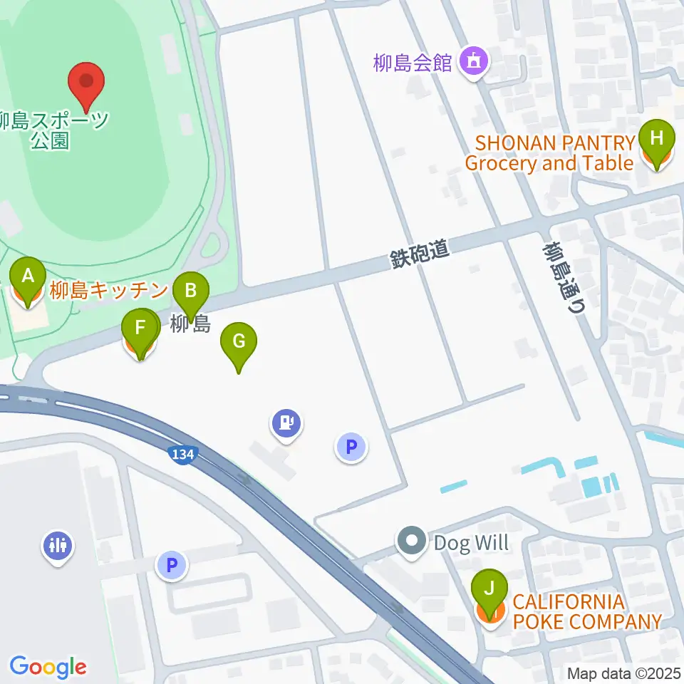 柳島スポーツ公園総合競技場周辺のファミレス・ファーストフード一覧地図