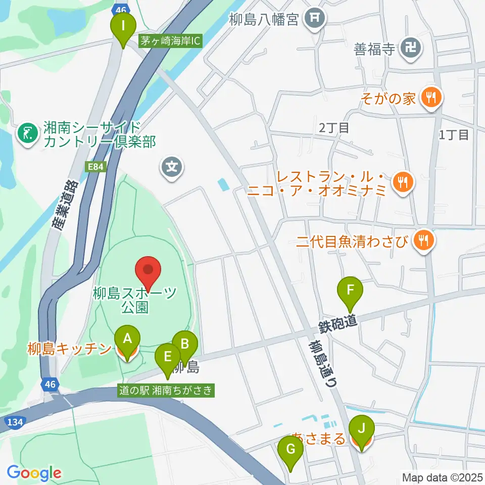 柳島スポーツ公園総合競技場周辺のファミレス・ファーストフード一覧地図