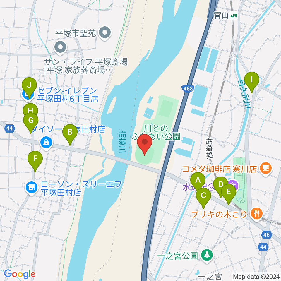 川とのふれあい公園野球場周辺のファミレス・ファーストフード一覧地図