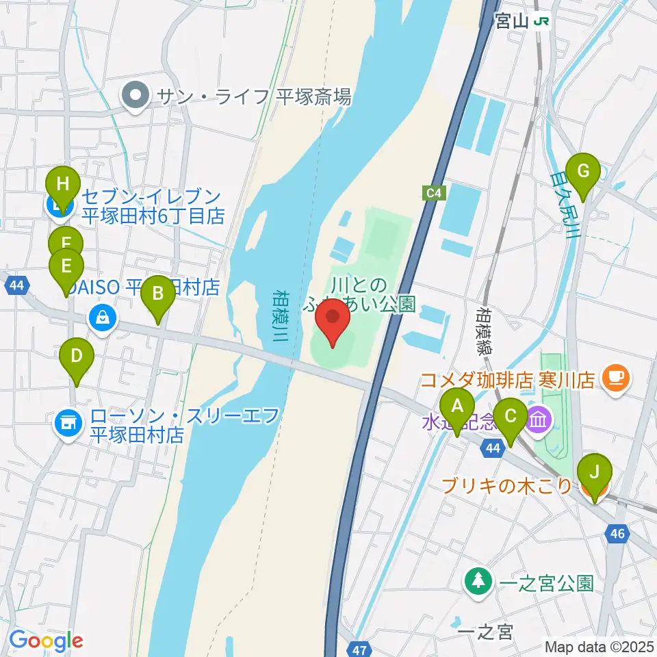 川とのふれあい公園野球場周辺のファミレス・ファーストフード一覧地図