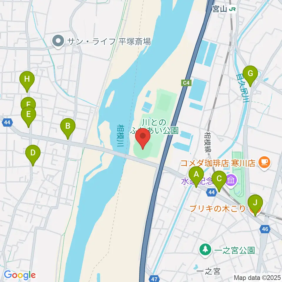 川とのふれあい公園野球場周辺のファミレス・ファーストフード一覧地図