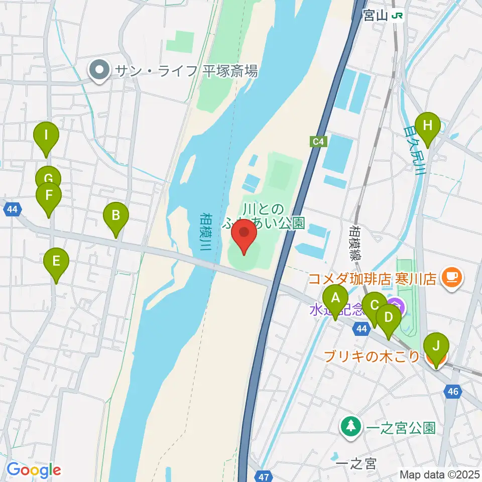 川とのふれあい公園野球場周辺のファミレス・ファーストフード一覧地図