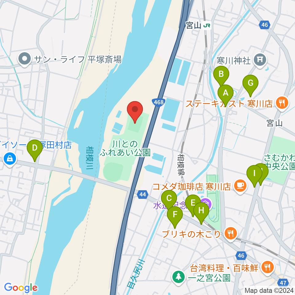 川とのふれあい公園サッカー場周辺のファミレス・ファーストフード一覧地図