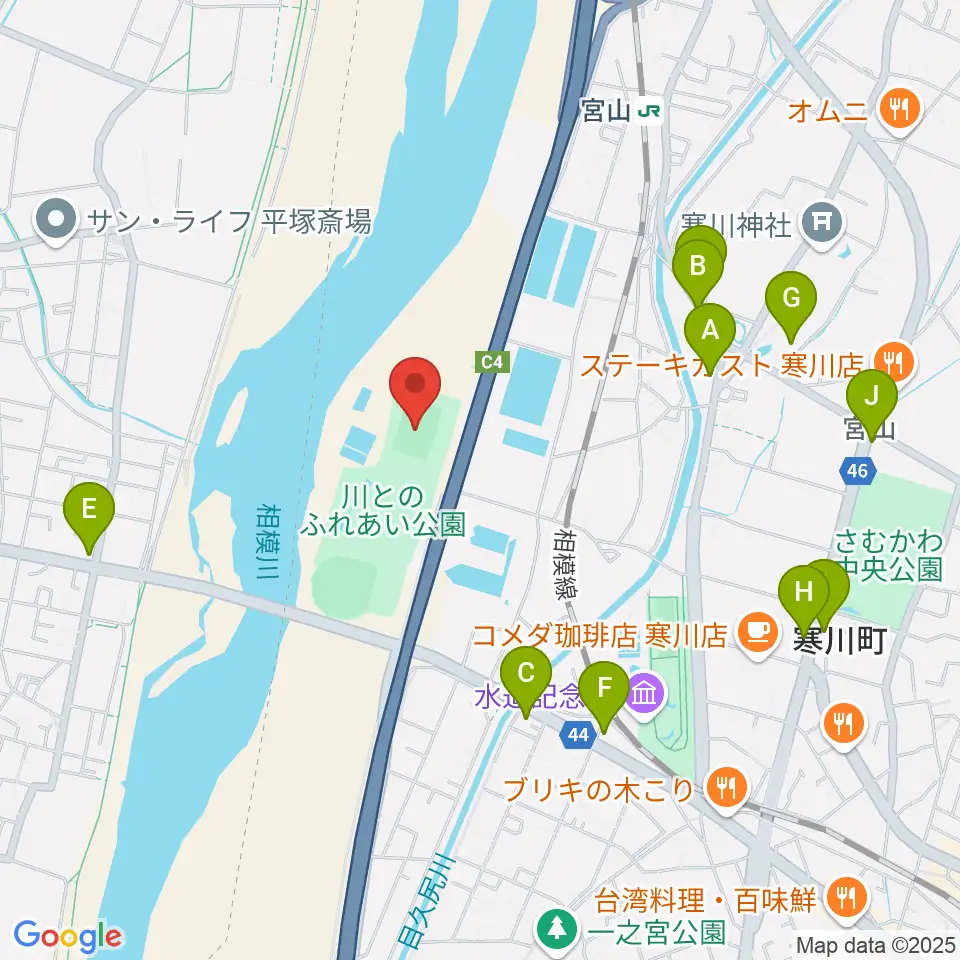 川とのふれあい公園サッカー場周辺のファミレス・ファーストフード一覧地図