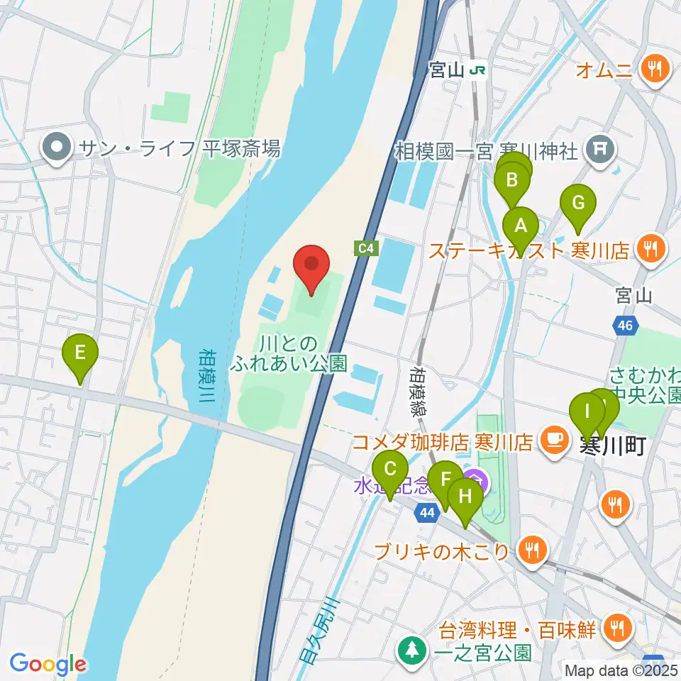 川とのふれあい公園サッカー場周辺のファミレス・ファーストフード一覧地図