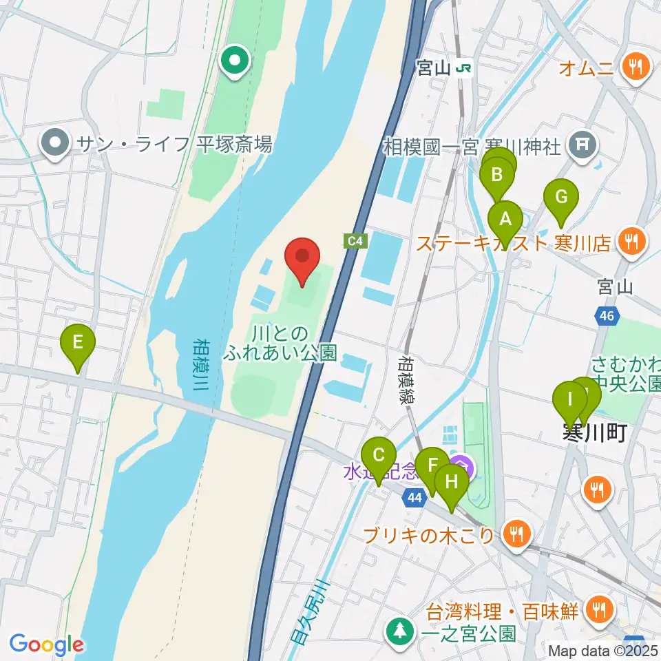 川とのふれあい公園サッカー場周辺のファミレス・ファーストフード一覧地図